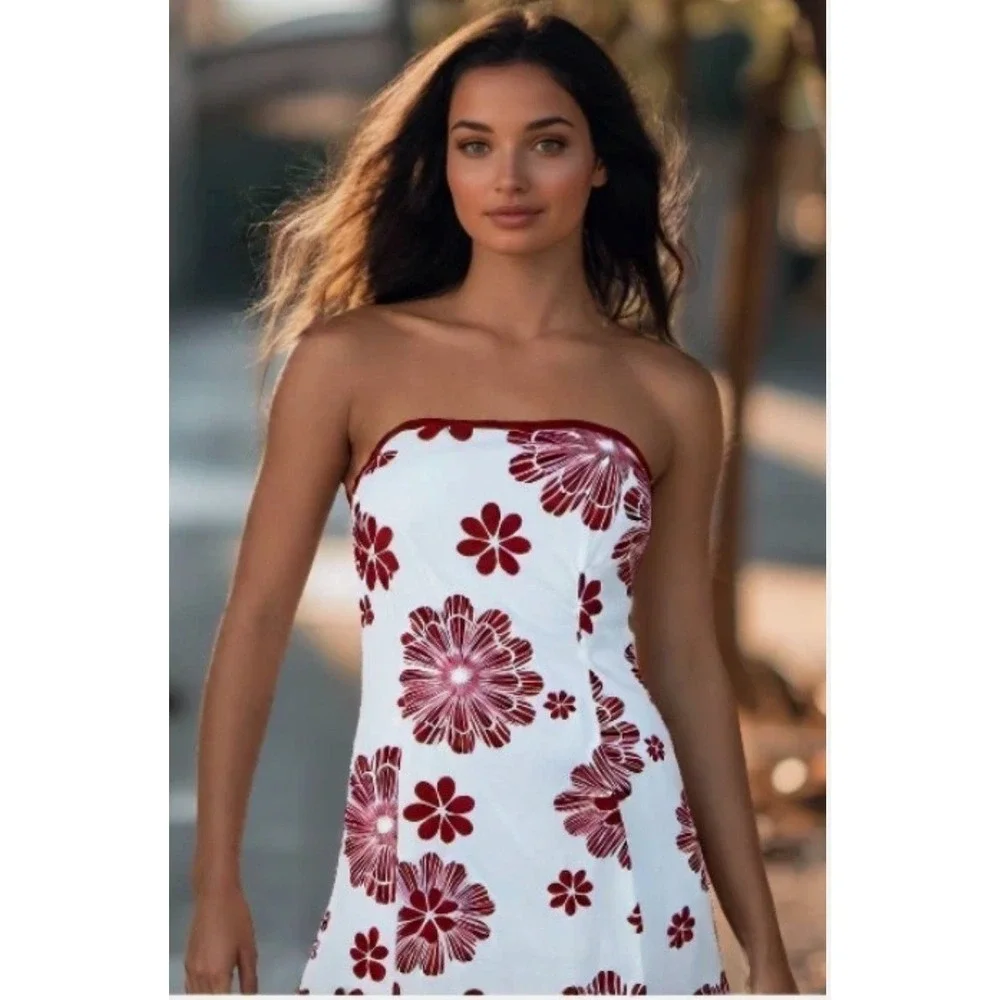 Byer California White Strapless Dress with Burgundy Floral Print